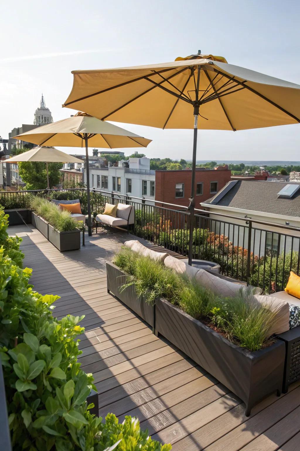 Outdoor umbrellas offer flexible privacy and shade.