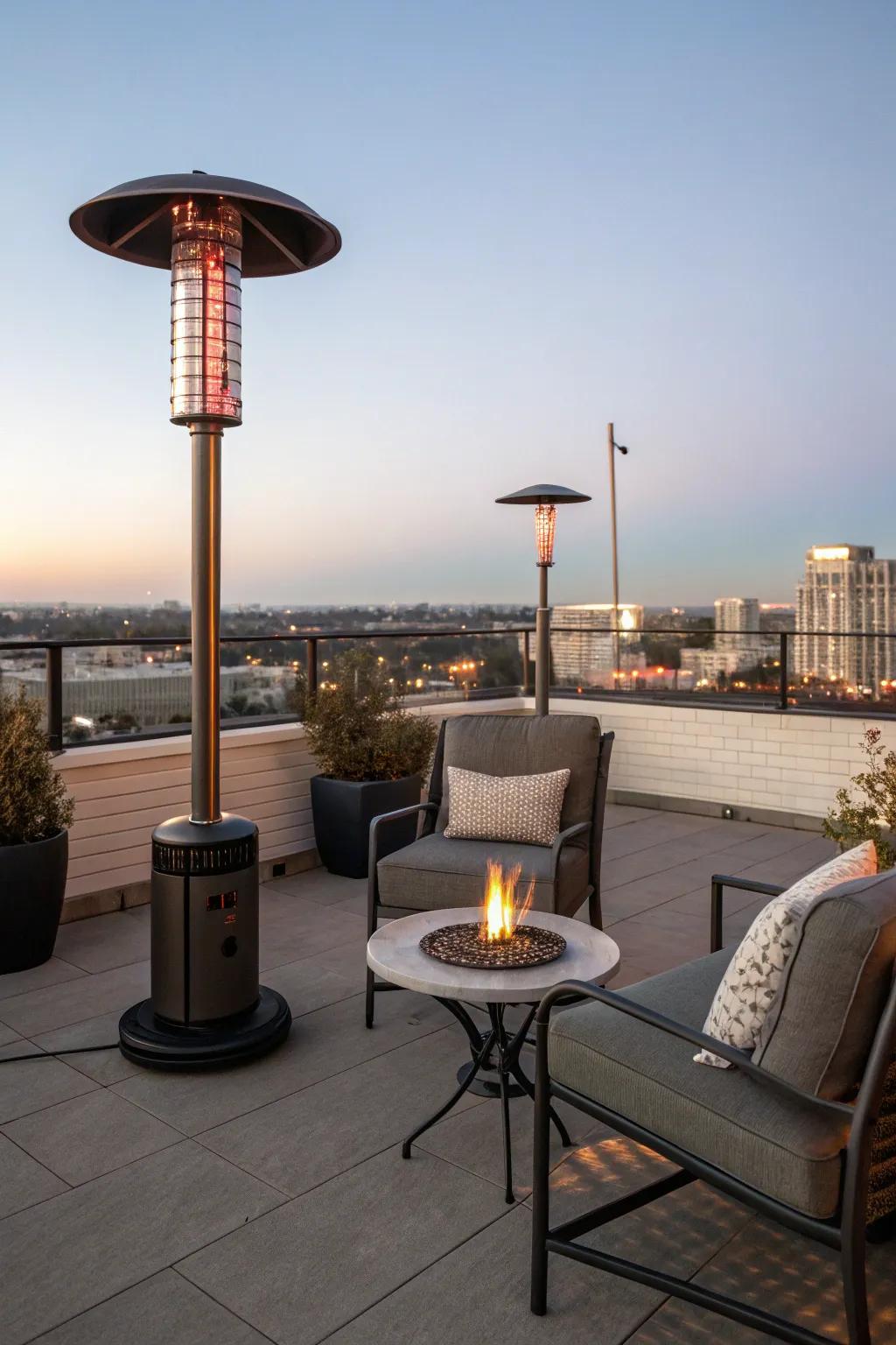 A portable heater makes your rooftop comfortable year-round.