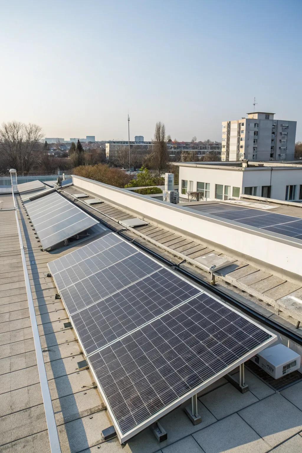Solar panels seamlessly integrated into the rooftop design.