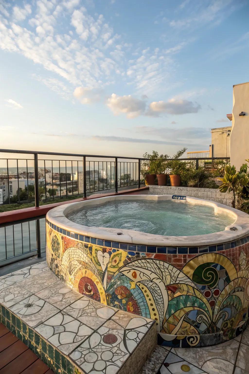 Add personality to your rooftop jacuzzi with artistic mosaic decor.