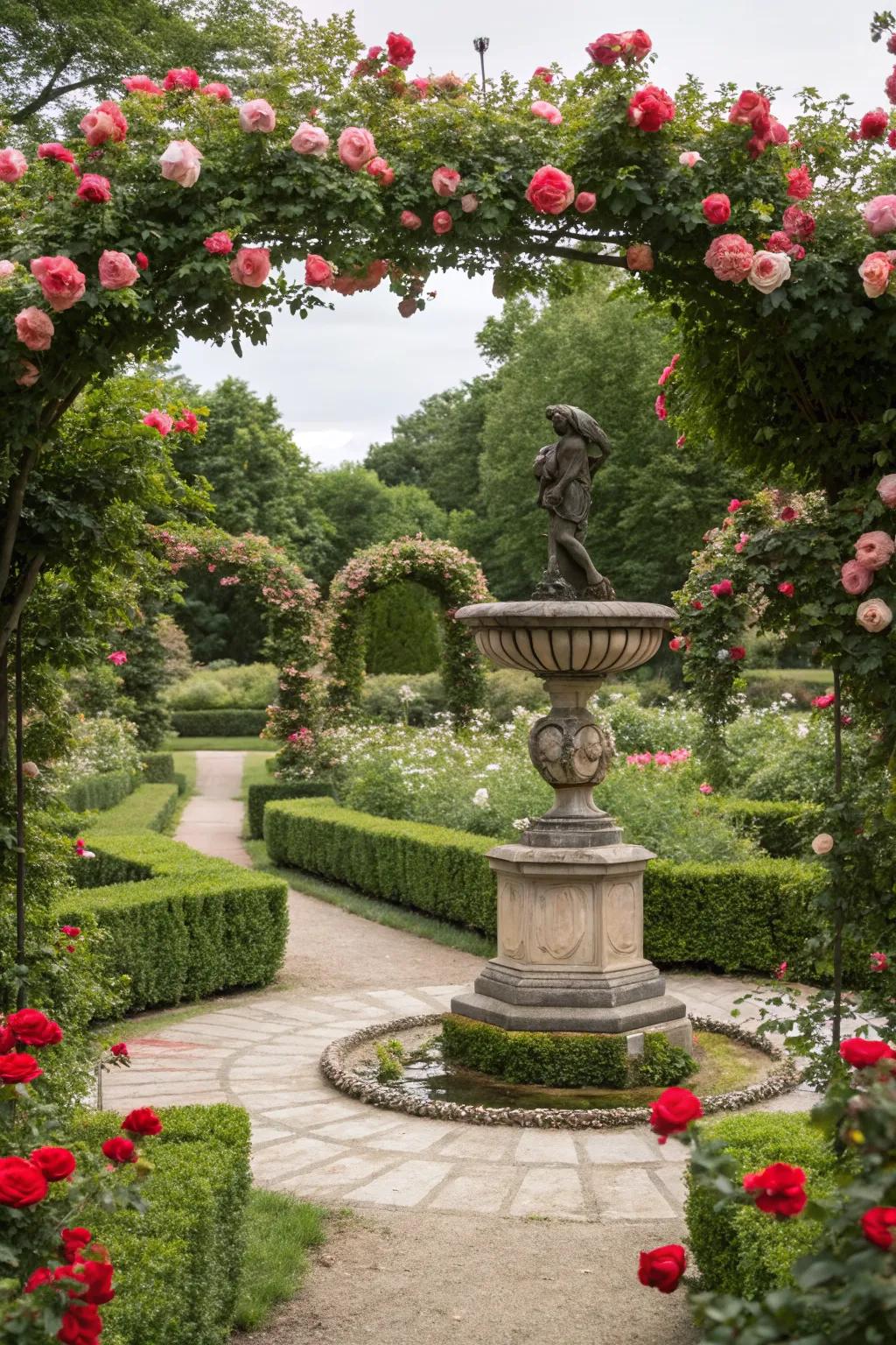 Artistic sculptures among roses create an enchanting garden atmosphere.