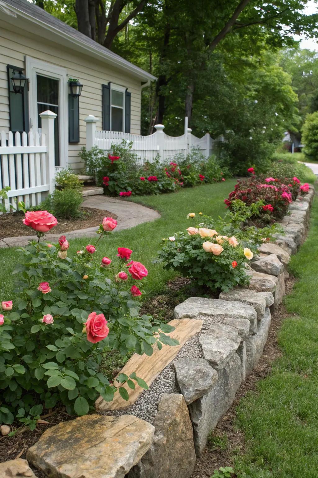 Natural charm with rustic stone edging in a rose garden.