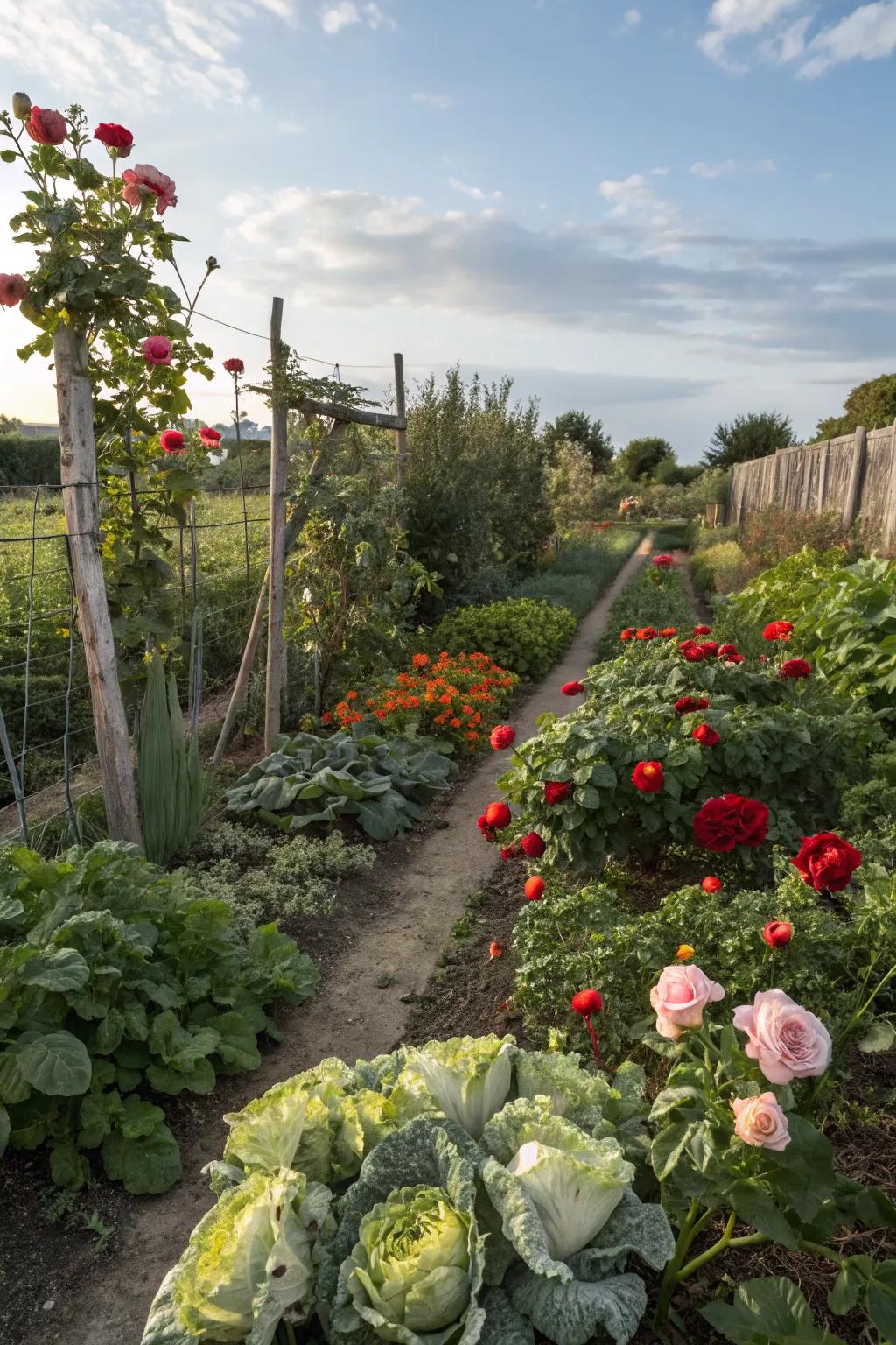 A harmonious garden with roses and vegetables growing side by side.
