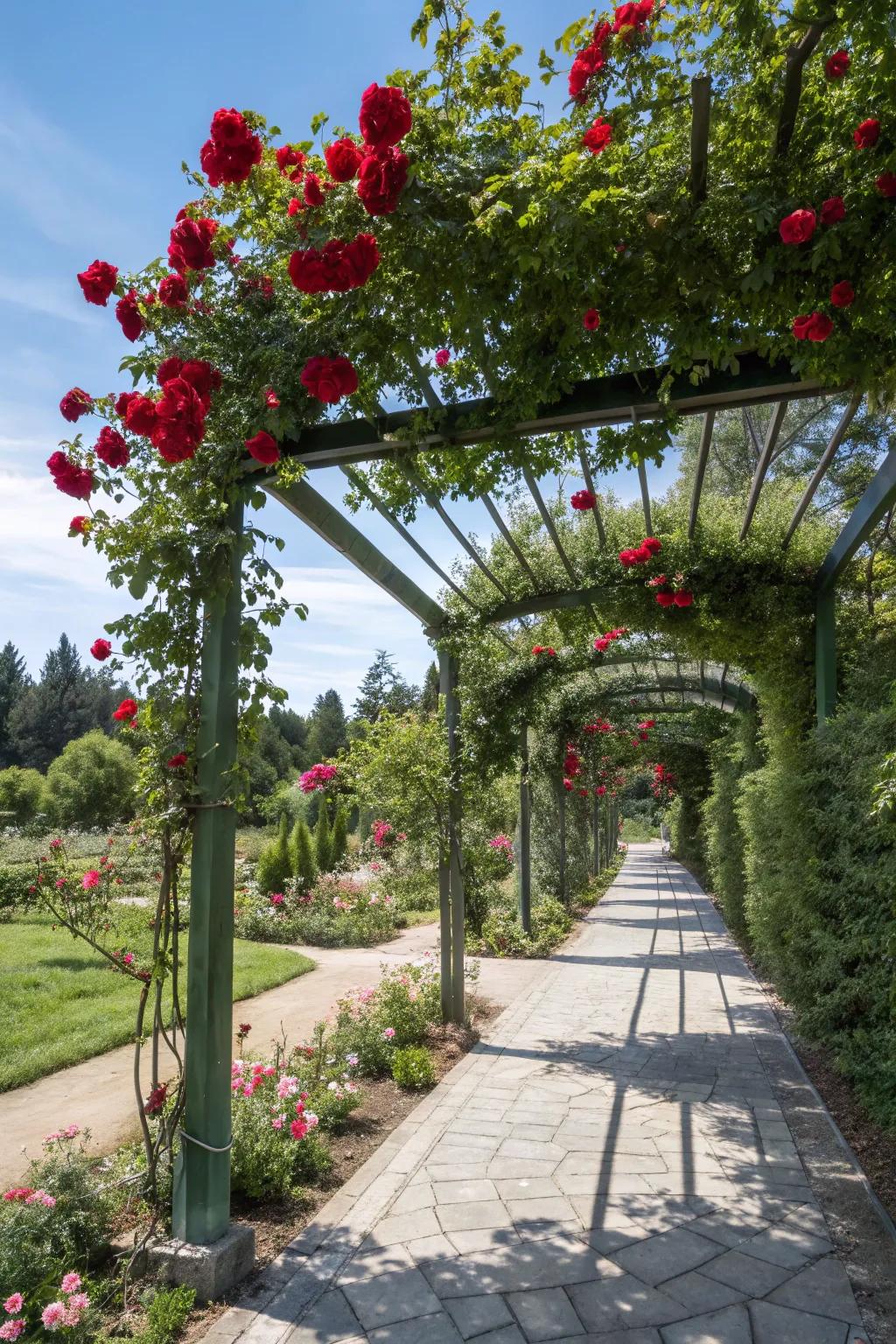 Create stunning shade with rose-covered pergolas.