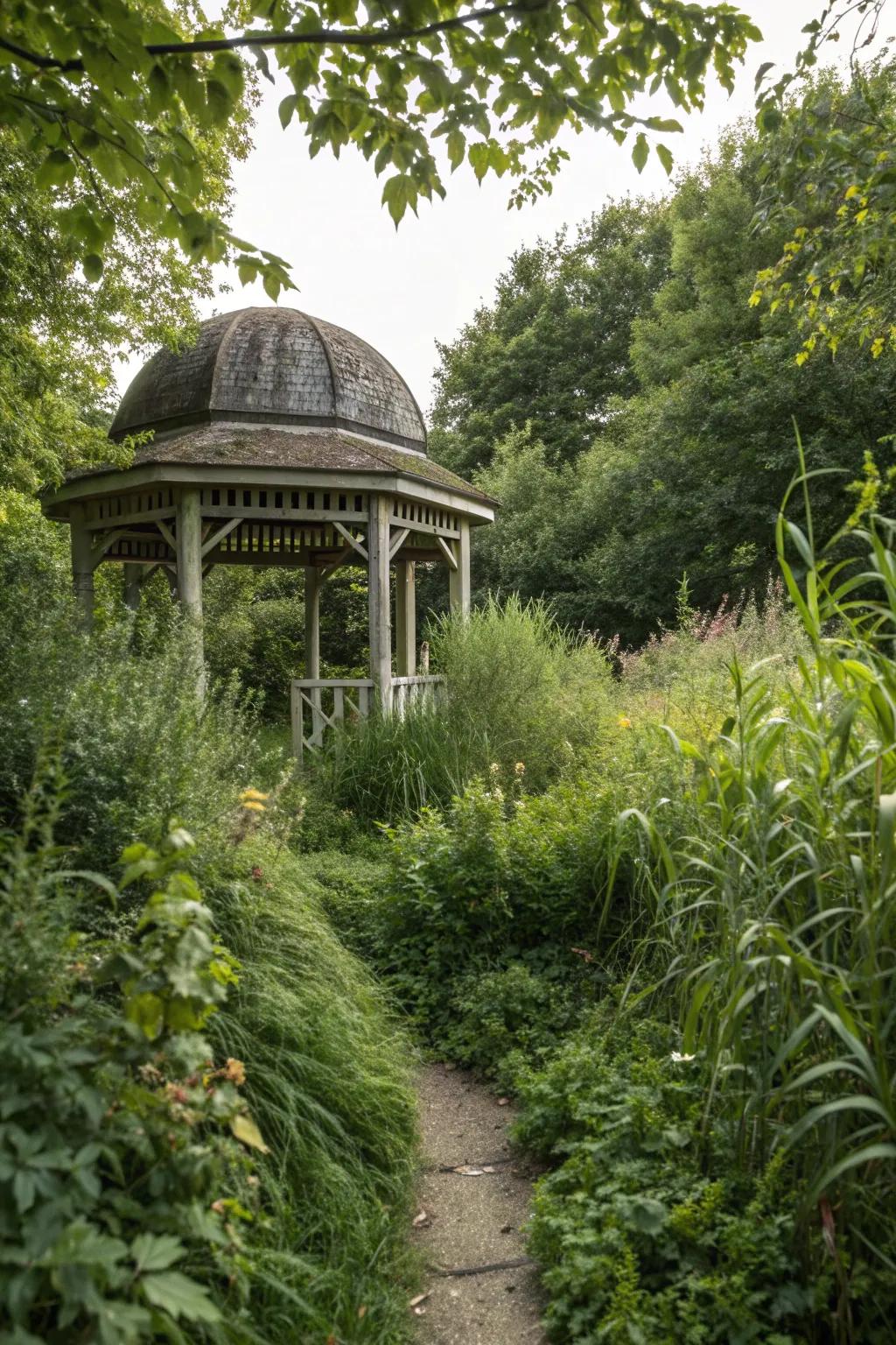 A round gazebo nestled in a secret garden, offering a secluded retreat.
