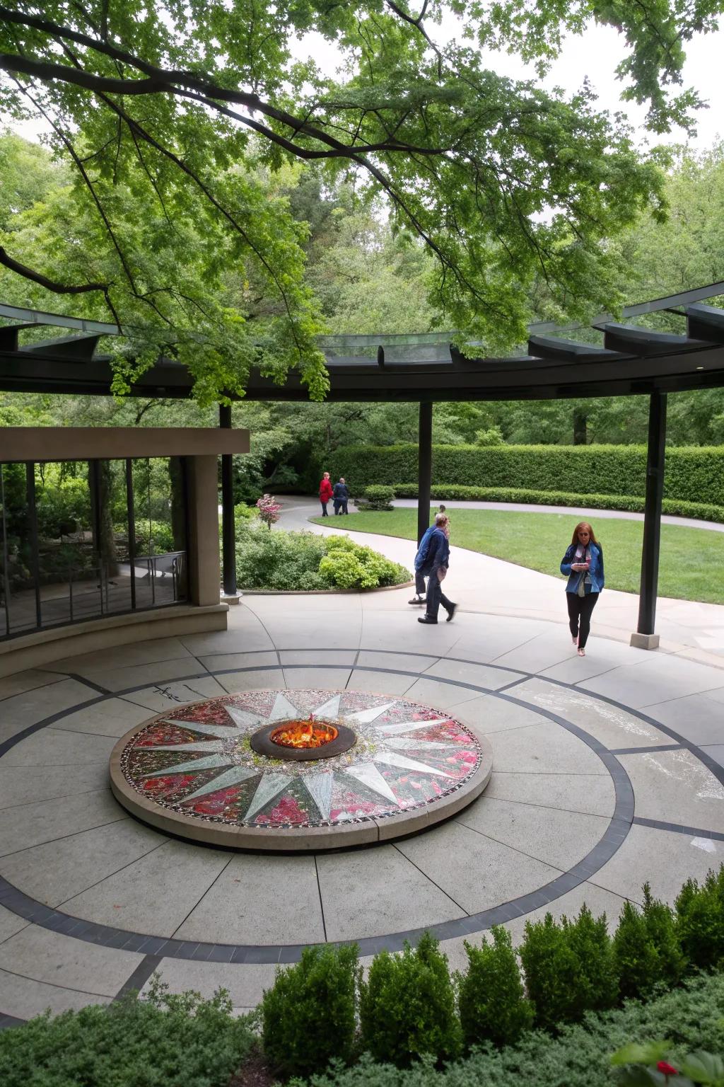 A round patio featuring an eye-catching art installation, adding intrigue.