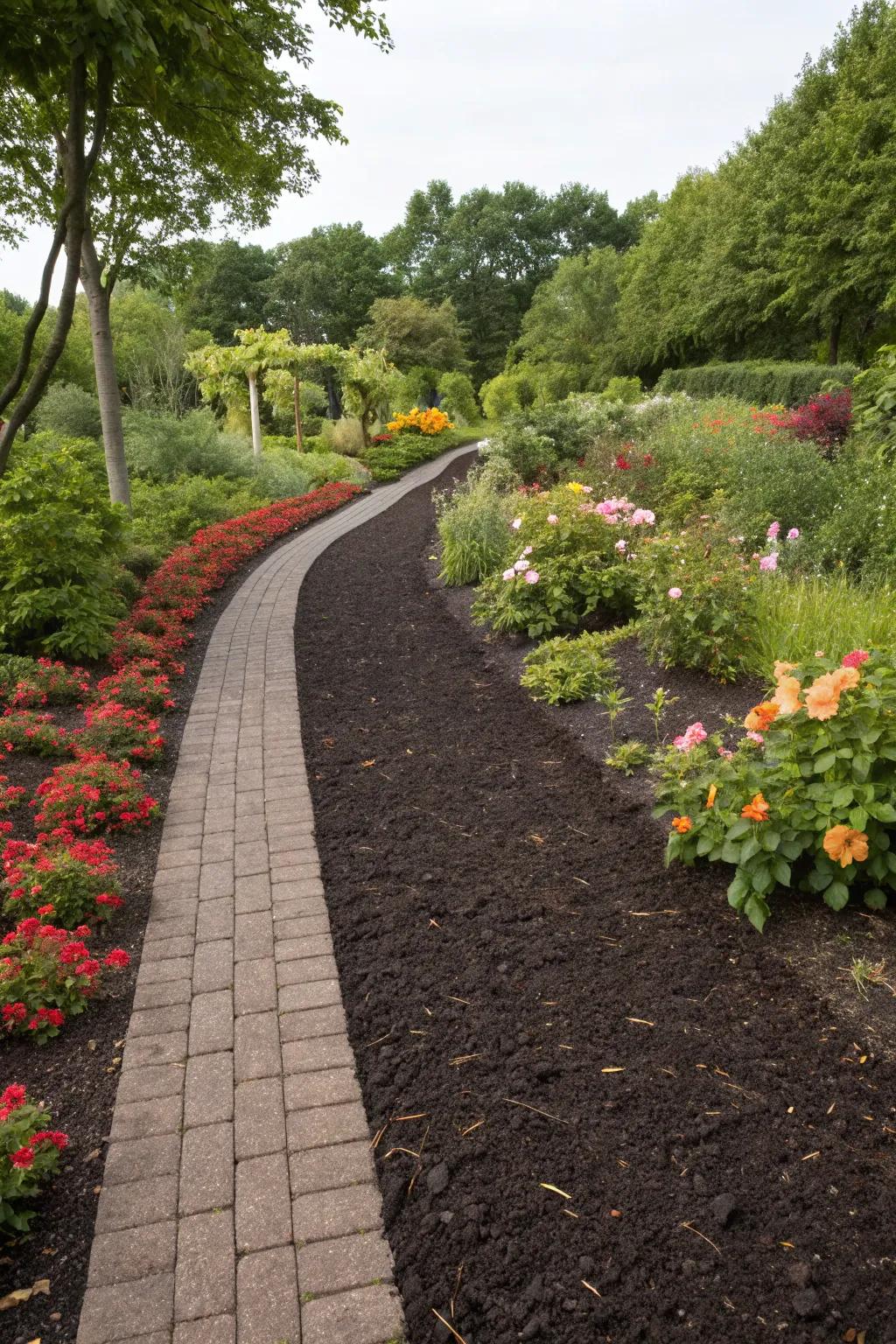 A sustainable garden walkway crafted from eco-friendly rubber mulch.