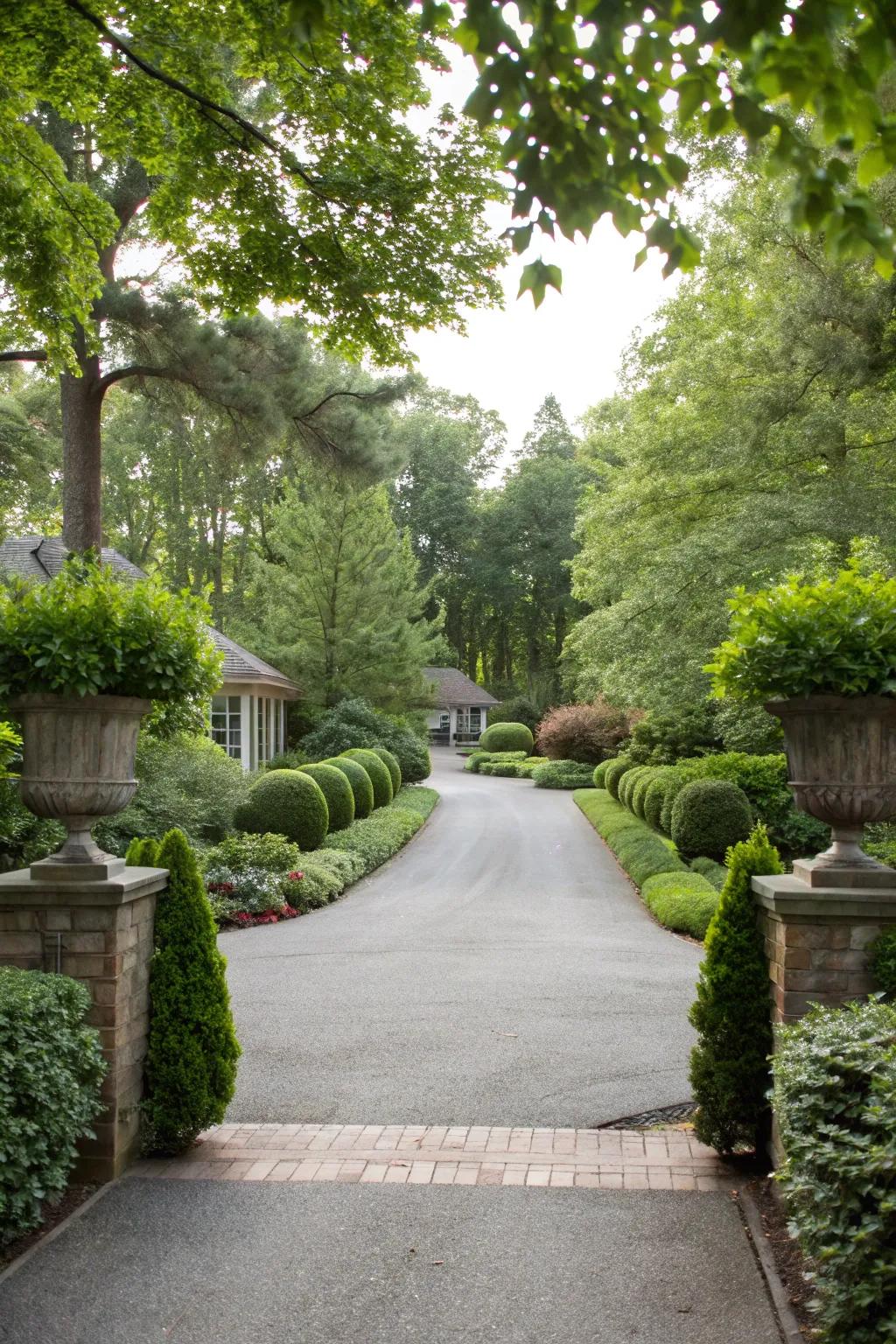 Symmetrical plantings creating a balanced look at a driveway entrance.