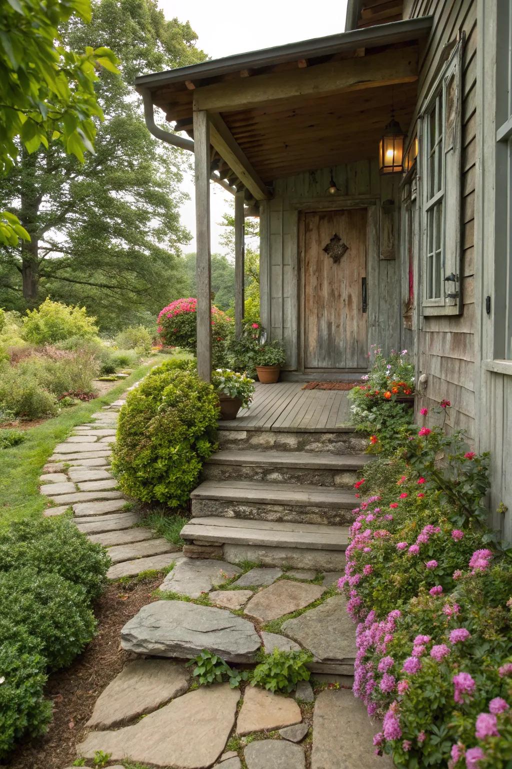 A natural stone pathway enhances the rustic appeal.