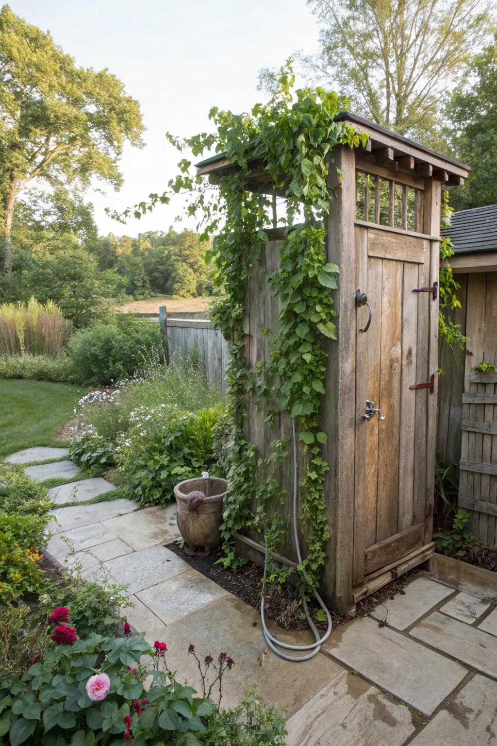 A rustic outdoor shower adds a touch of luxury and refreshment.