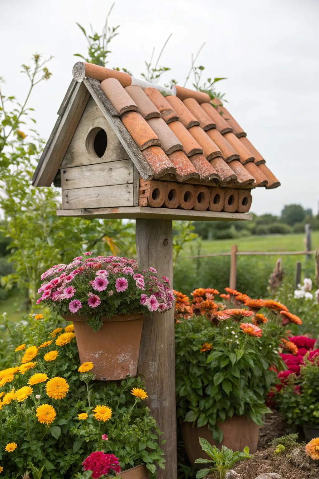 A whimsical birdhouse with a creative flower pot roof.