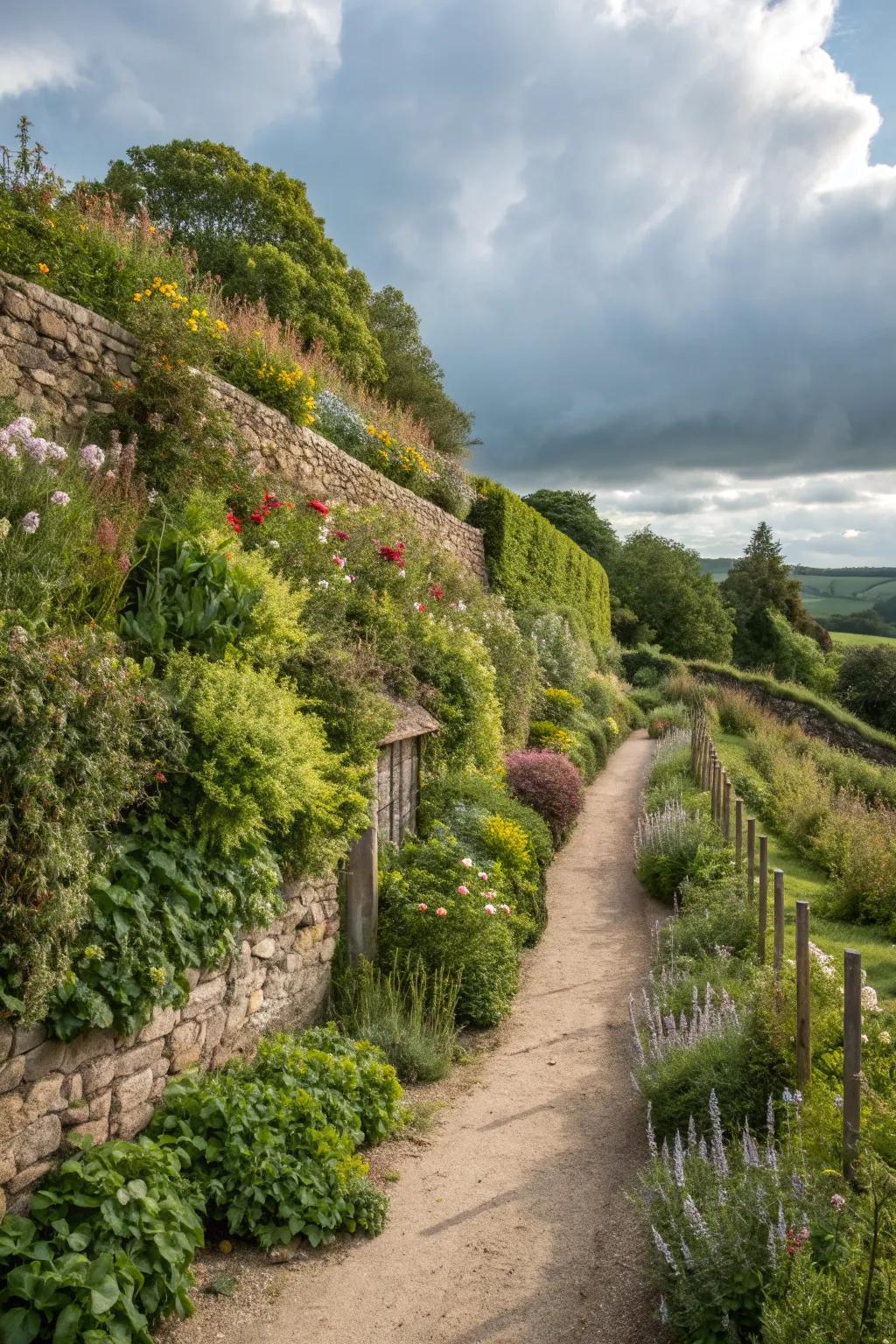 Vibrant living wall in a rustic garden