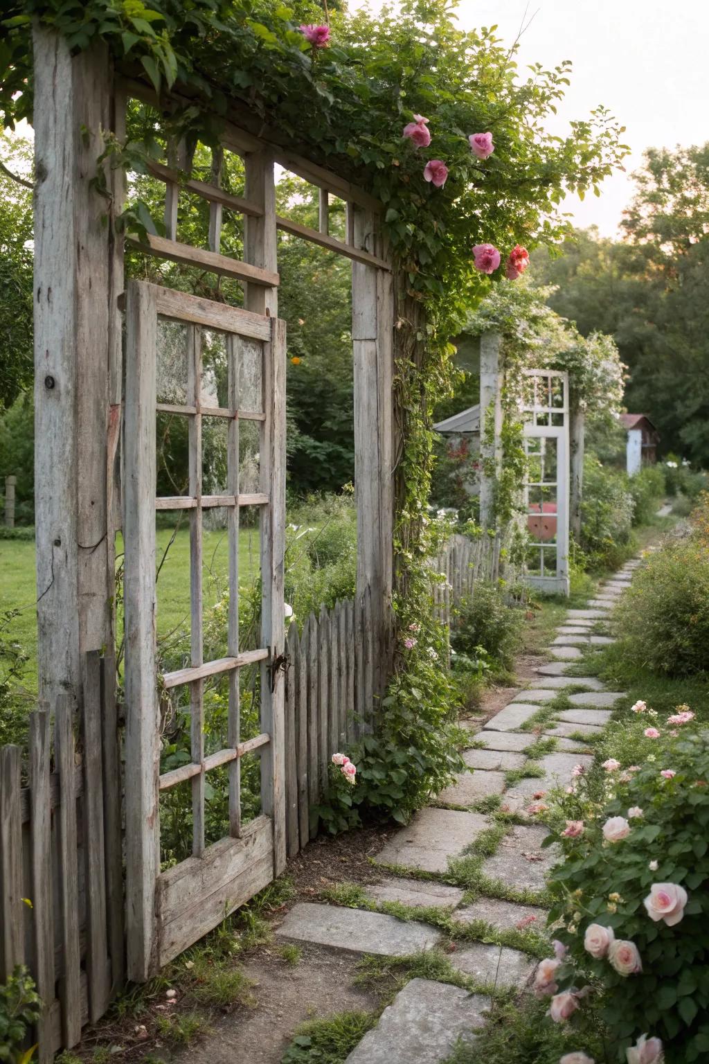 Old window frames serve as charming trellises in this rustic garden.
