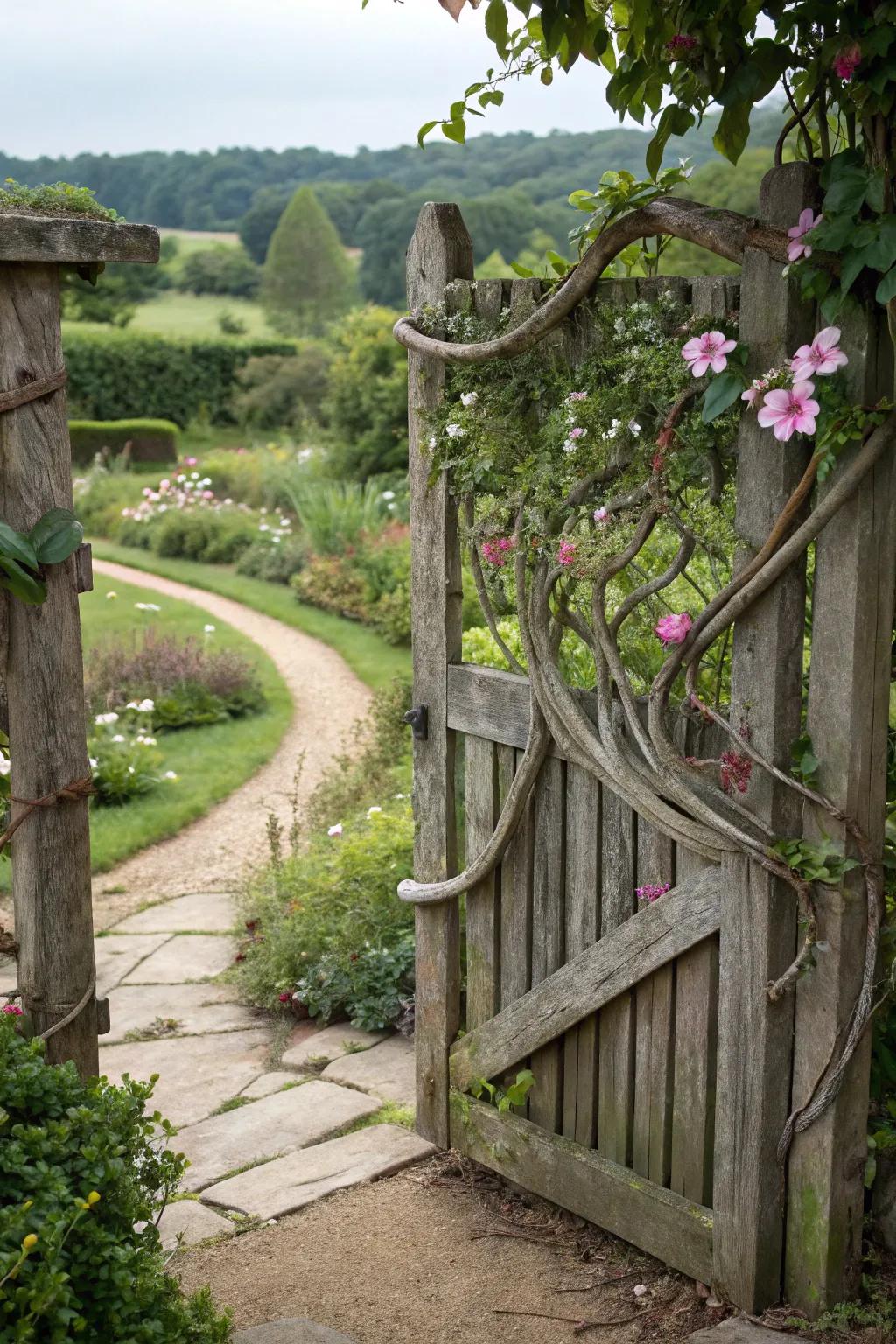 A garden gate with flowing organic shapes.