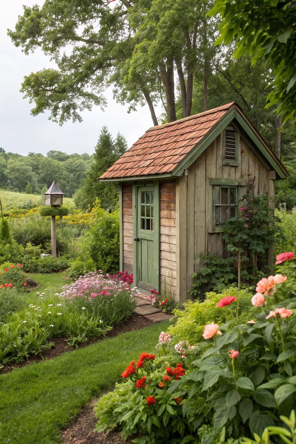 Earthy tones help this rustic shed blend into its garden setting.