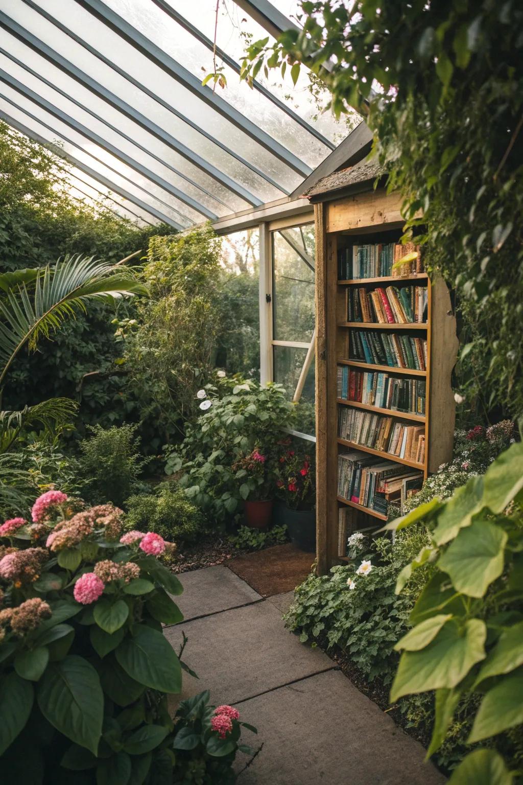 A small library adds an intellectual touch to this greenhouse.