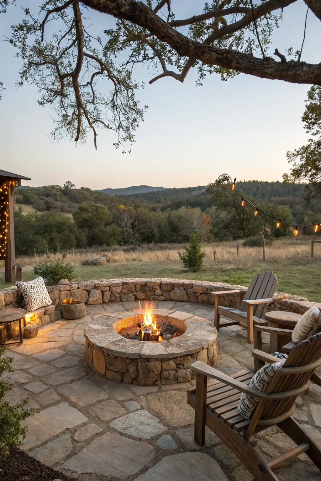 A fire pit creates a cozy outdoor gathering spot