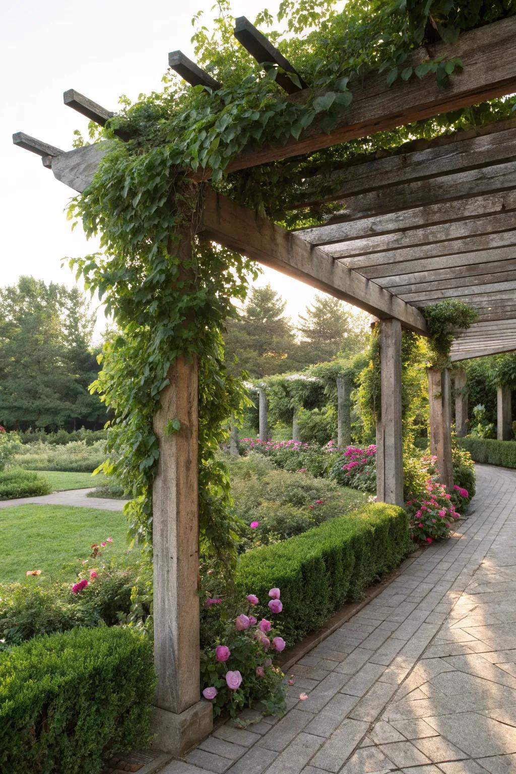 A rustic pergola creates a serene garden retreat.