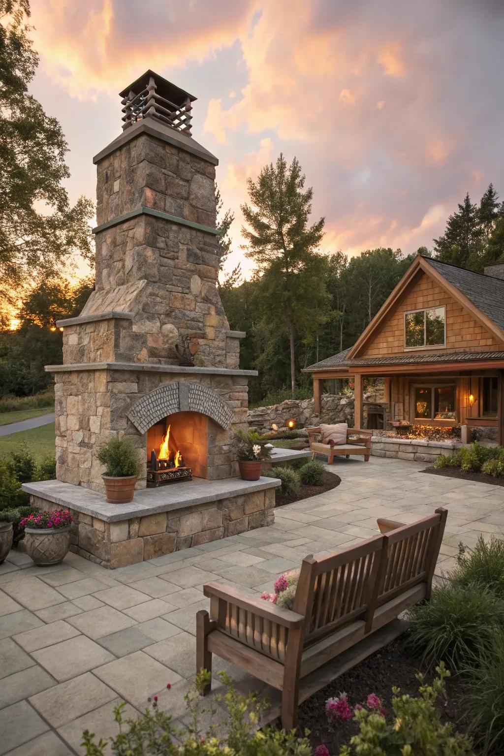 A cottage-style fireplace exudes a quaint and cozy charm.