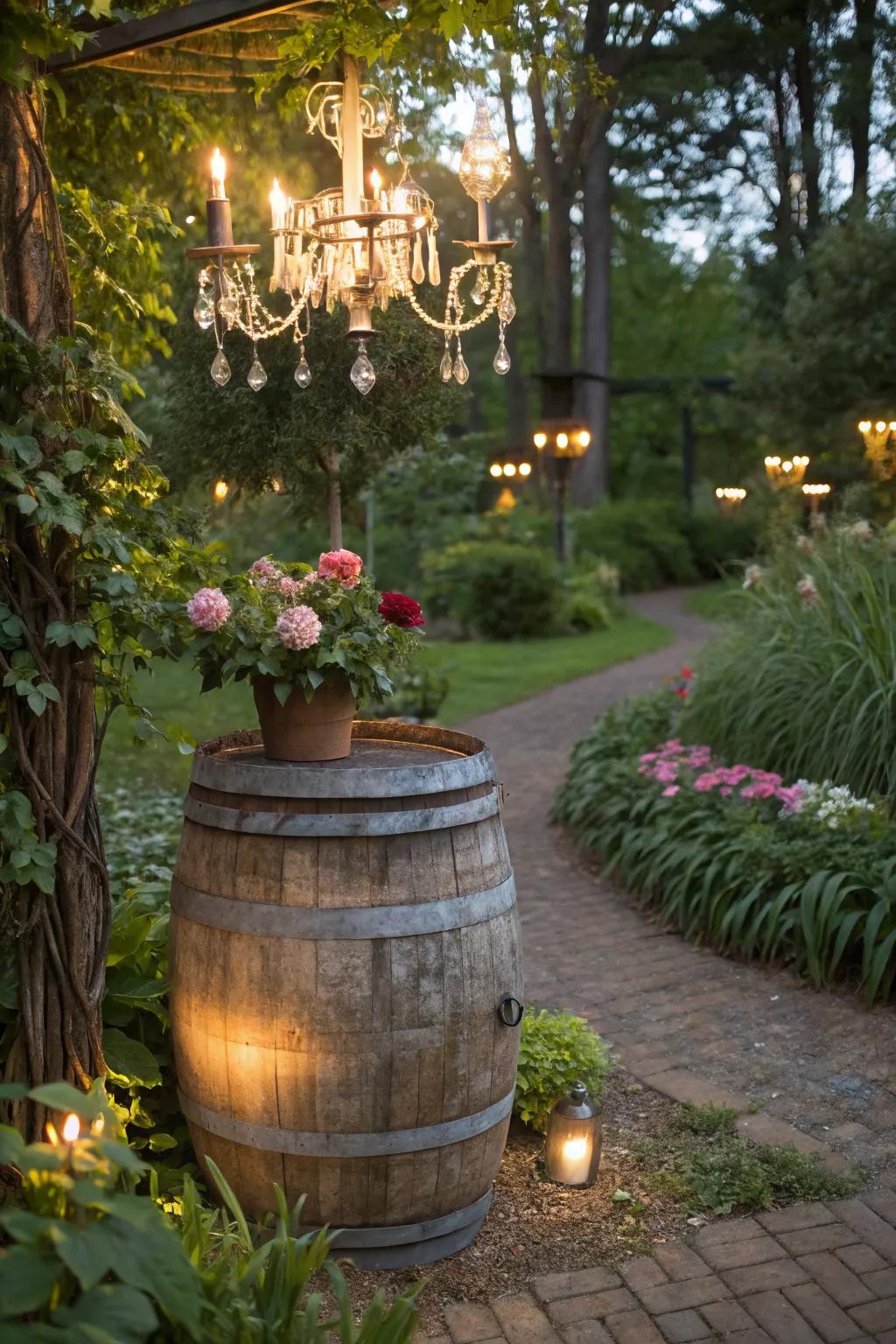A repurposed wine barrel light fixture adding unique rustic flair.