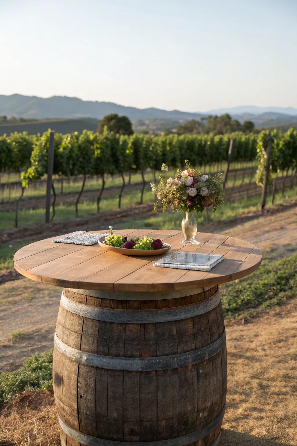 A barrel base table that brings vineyard charm to outdoor dining areas.