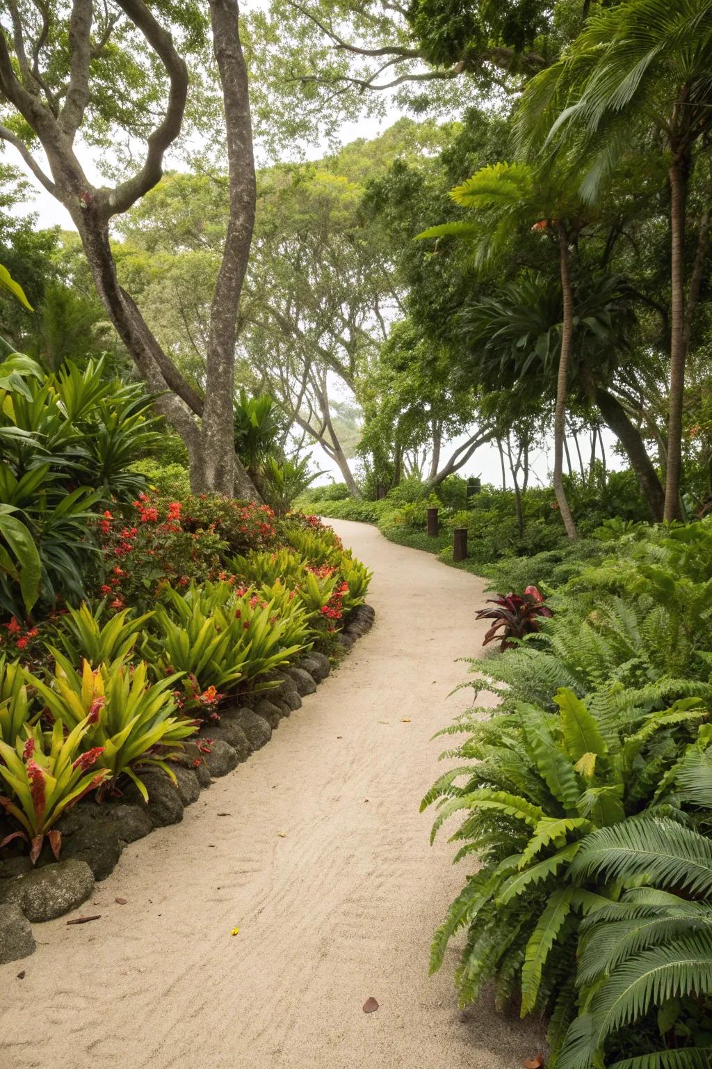Tropical plants creating an exotic sand walkway.