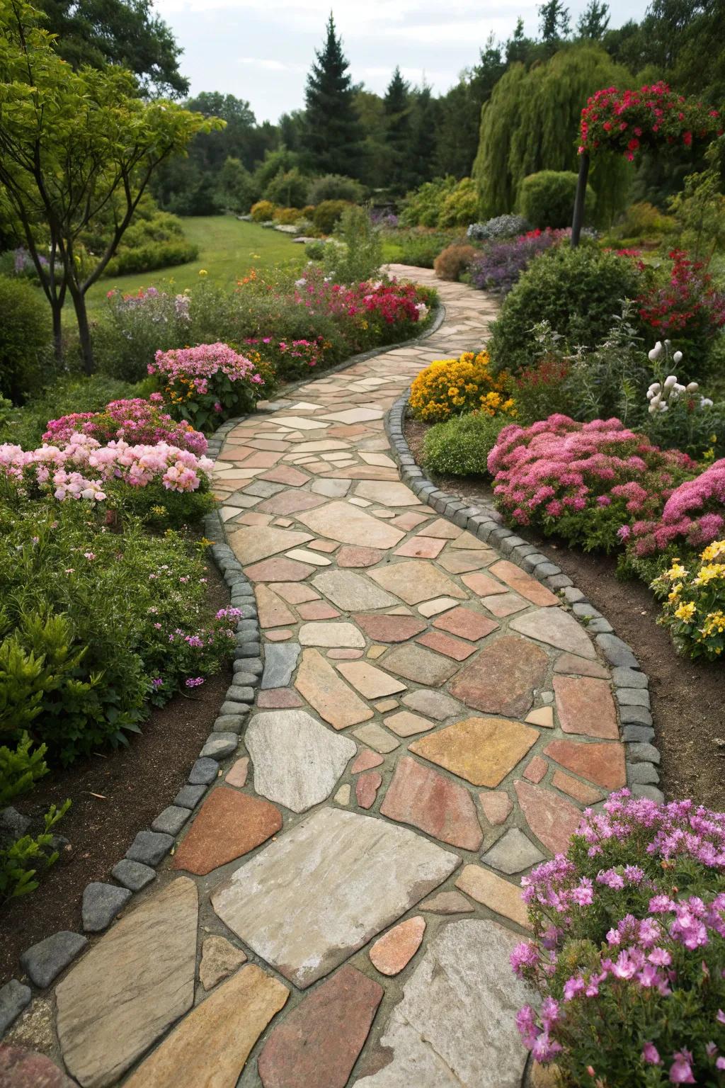 A creative sandstone mosaic path adding art to the garden.