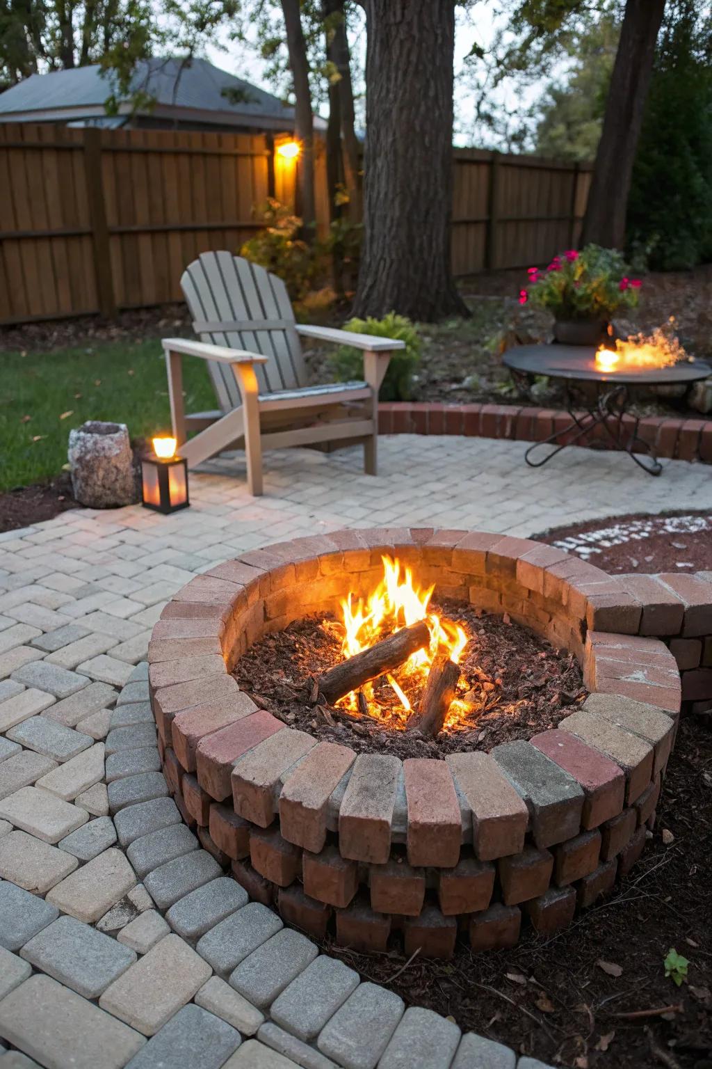 Cozy fire pit surrounded by scalloped bricks.