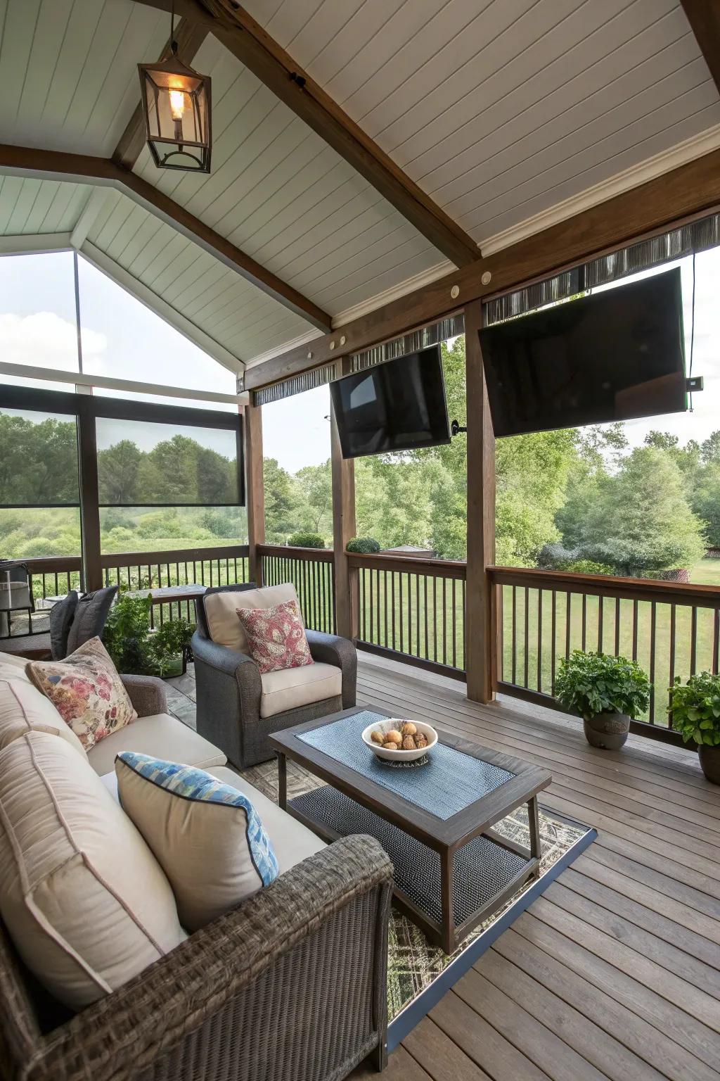 A family-friendly screened-in porch featuring multi-use areas and comfortable seating.