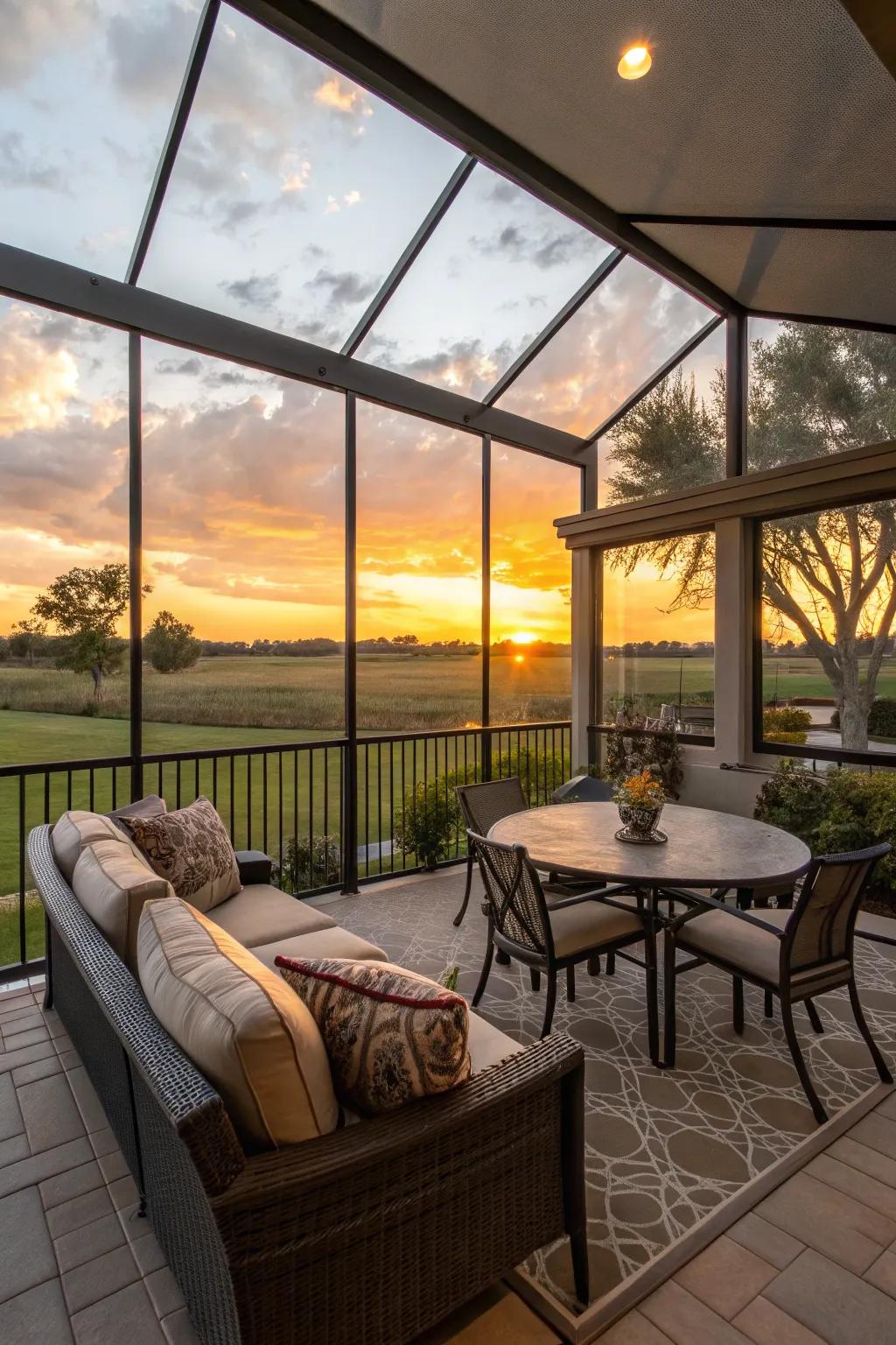 A sunset view delight from a comfortable screened patio.