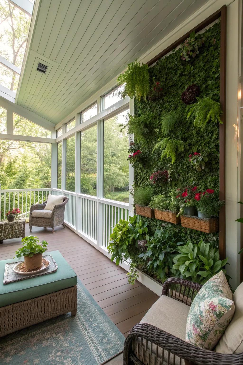 Vertical gardens maximize space and greenery.
