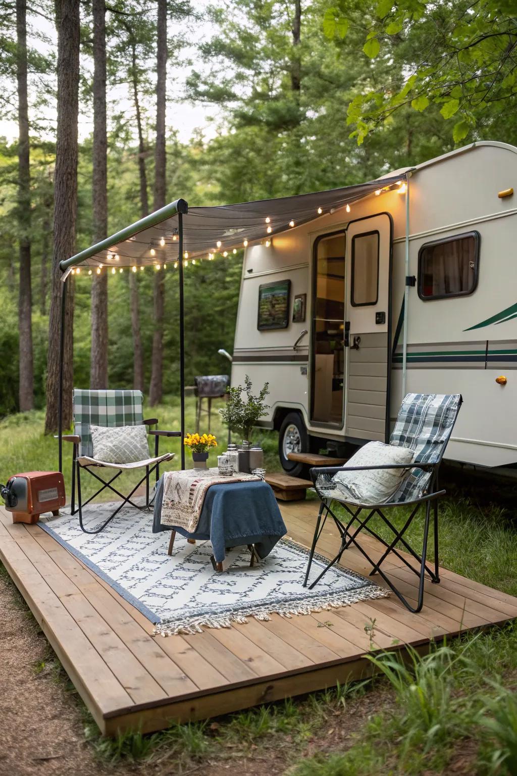 A portable deck enhancing accessibility and aesthetics at the campsite.