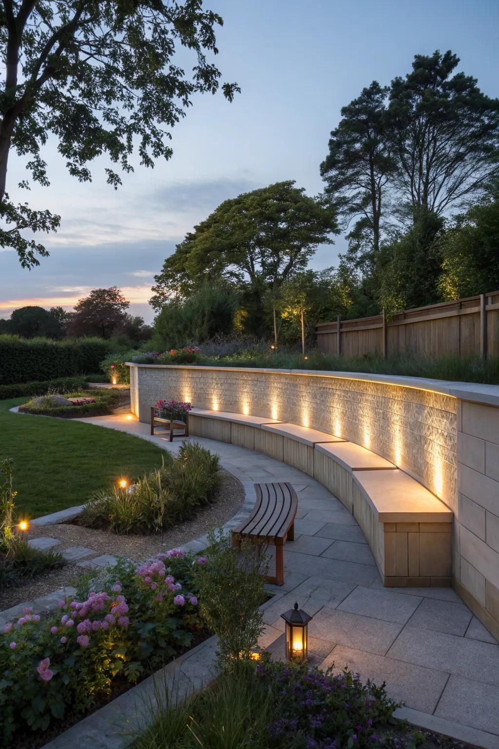 LED-lit seating wall creating a captivating nighttime scene.