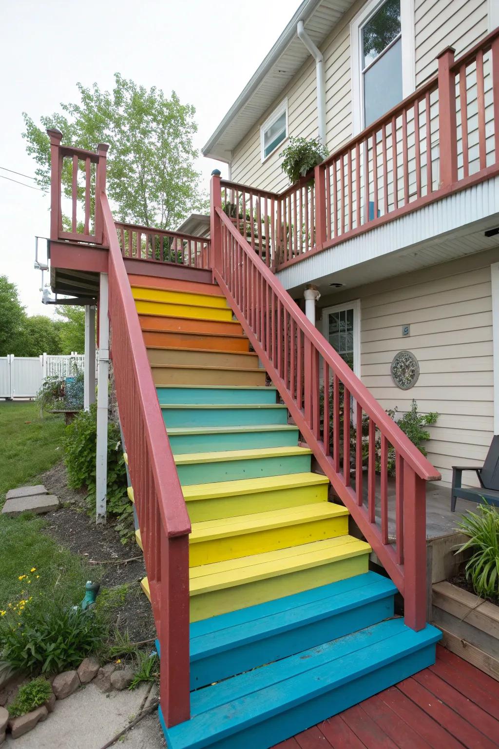 A second-story deck with stairs painted in eye-catching bold colors.
