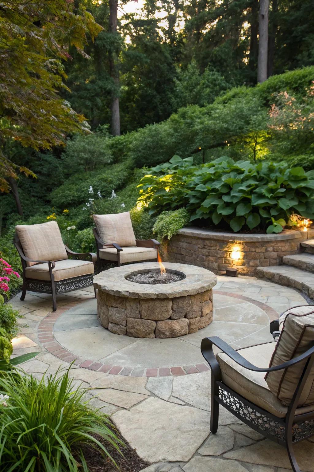 A fire pit creates a cozy, inviting atmosphere.
