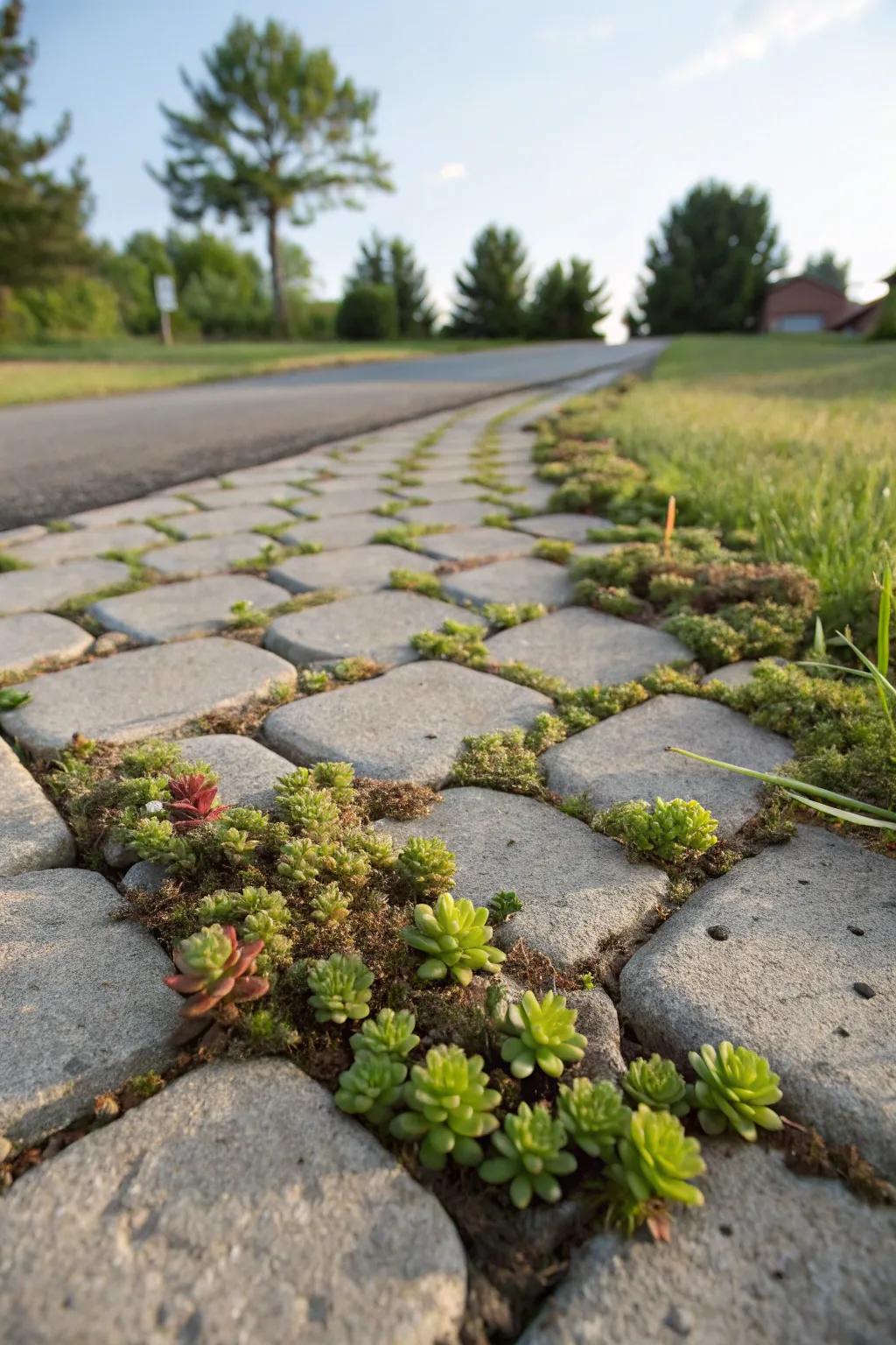 An eco-friendly driveway featuring sedum.