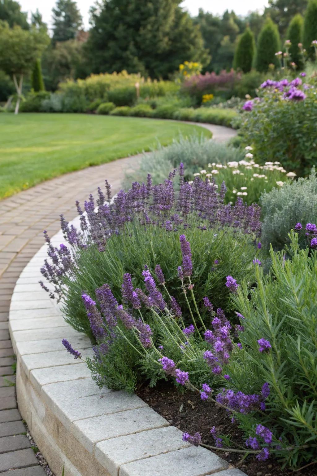 Aromatic lavender and rosemary add fragrance to a semi-circle bed.