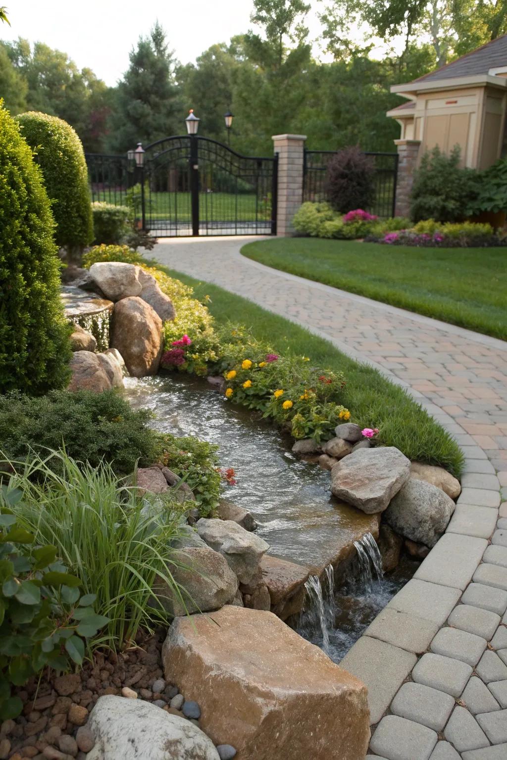 Water features adding luxury and tranquility to the property boundary.