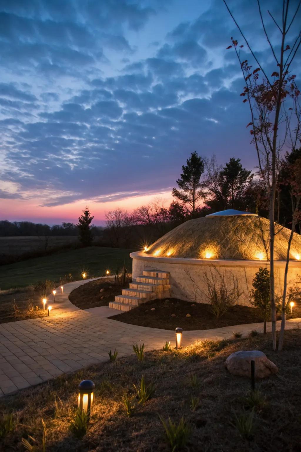 Create enchanting ambiance with decorative lighting around your septic mound.