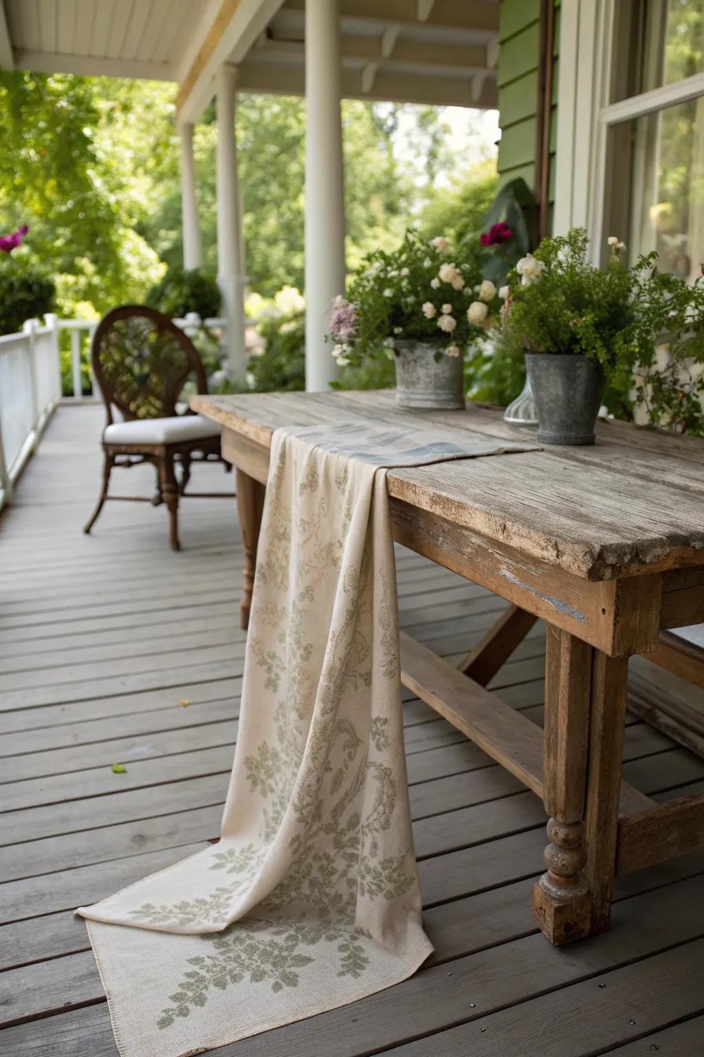 Weathered fabrics add rustic charm to a shabby chic porch.