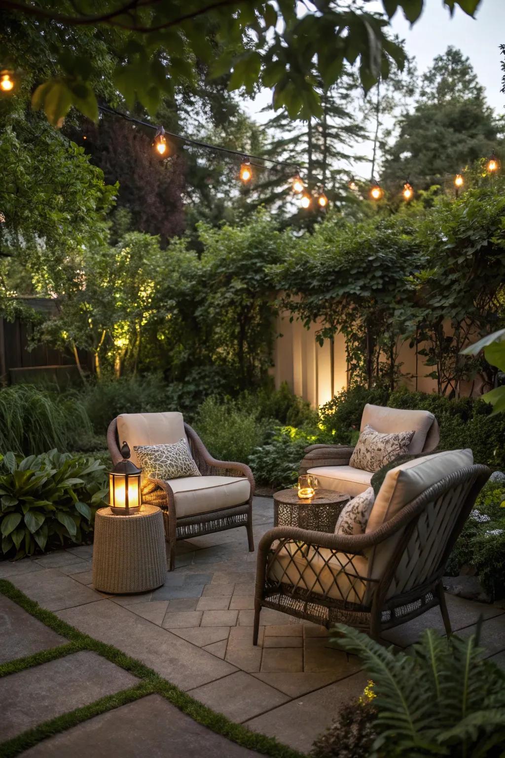 A cozy nook invites relaxation and enjoyment in the garden.