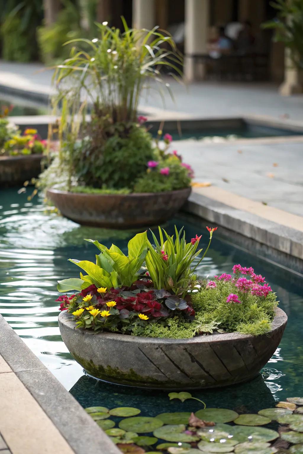 A shallow pool with floating planters for a natural touch.