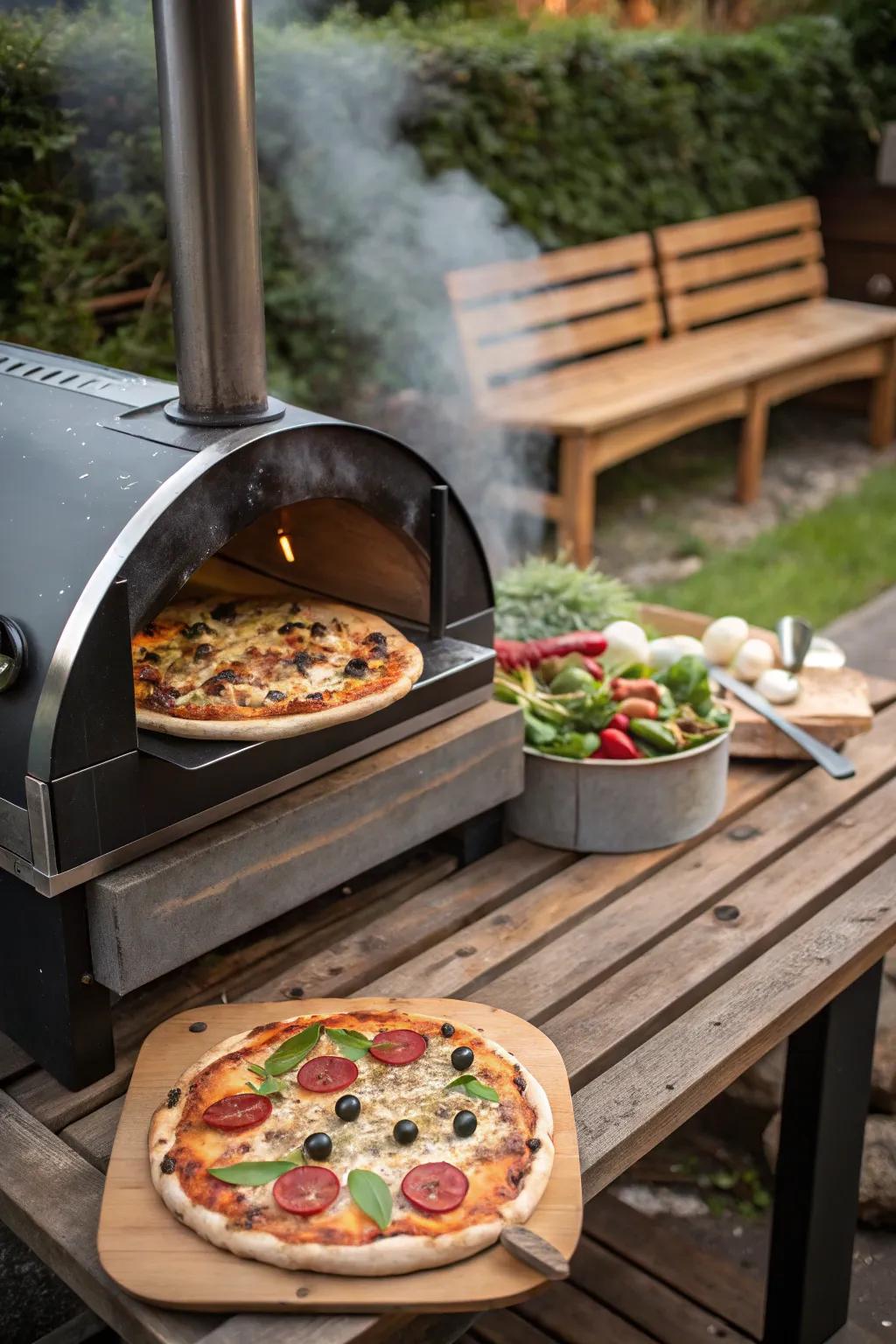 An inviting outdoor pizza oven ready for a pizza party.