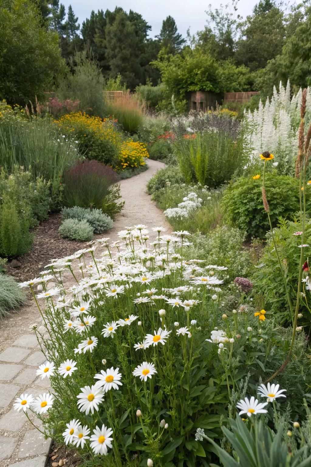 Sustainable beauty: Shasta daisies in an eco-friendly garden setting.
