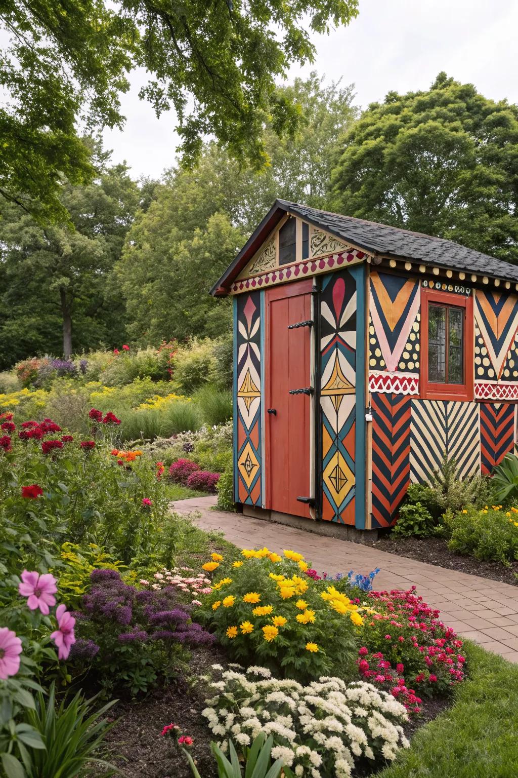 Bold patterns turn sheds into outdoor art pieces.