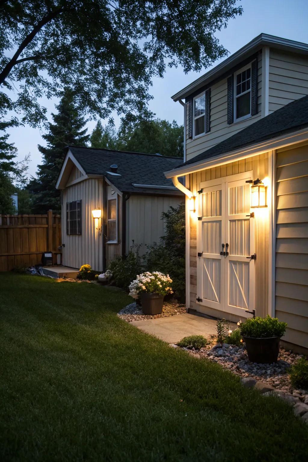 A secure shed with visibility and lighting for peace of mind.