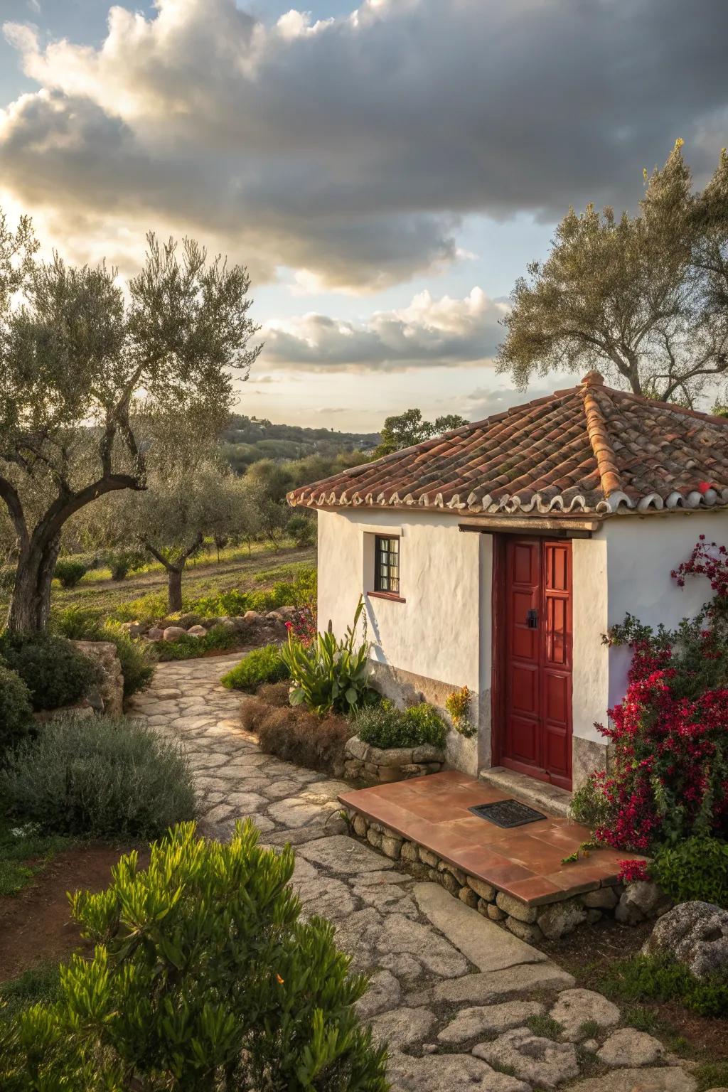 Shed with a tiled porch roof in a Mediterranean-style garden.