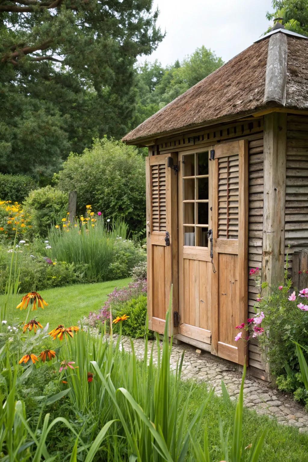 Louvered shutters provide elegance and airflow.