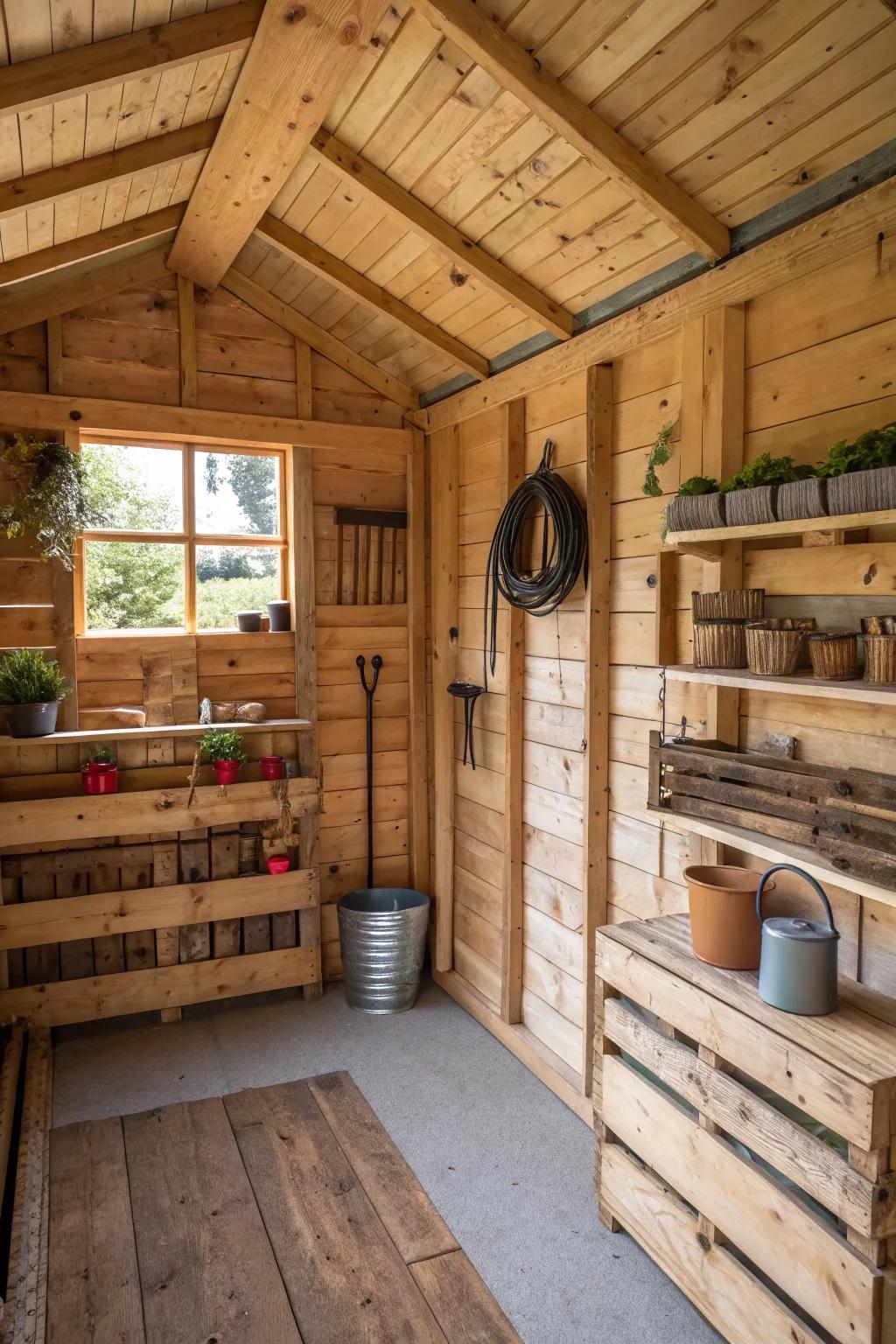 Upcycled pallet walls add rustic charm to a shed.