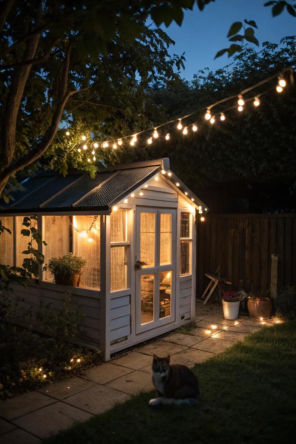 Solar lights add a warm glow to your cat shed.
